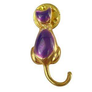 Gold-Tone Purple Cat Brooch Pin With Glossy Finish & Tail Accent